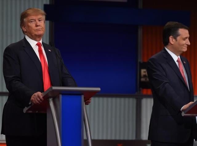 Republican Presidential candidate businessman Donald Trump (L) and businessman Texas Senator Ted Cruz participate in the Republican Presidential debate. (AFP Photo) Republican Presidential candidate businessman Donald Trump (L) and businessman Texas Senator Ted Cruz participate in the Republican Presidential debate. (AFP Photo)