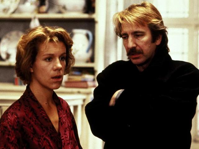 He is cast opposite the amazing Juliet Stevenson in the musical romance flick Truly, Madly, Deeply from 1990. Rickman dies in this movie but returns as a ghost for his girlfriend Stevenson. (The Samuel Goldwyn company)