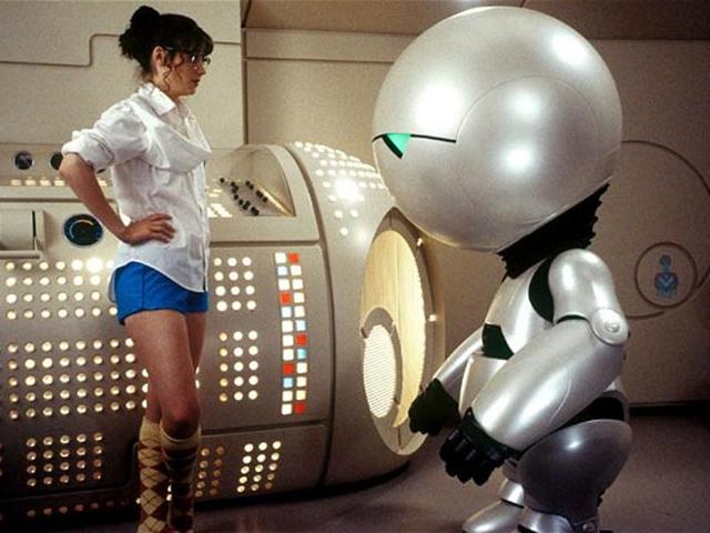 Rickman lends his voice to Marvin the Paranoid Android, a clinically depressed robot that constantly complains about life in Hitchhiker’s Guide to the Galaxy. (Buena Vista Pictures)