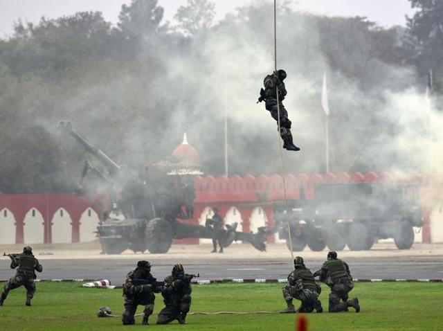 The country has marked the 68th anniversary of the formation of its national army with soldiers from various regiments, and artillery on display. (Vipin kumar/ht photo) The country has marked the 68th anniversary of the formation of its national army with soldiers from various regiments, and artillery on display. (Vipin kumar/ht photo)