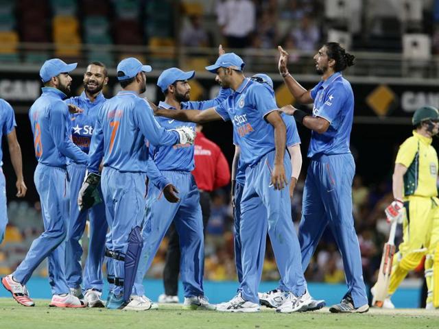 Team India players celebrate the wicket of Shaun Marsh. (AP Photo) Team India players celebrate the wicket of Shaun Marsh. (AP Photo)