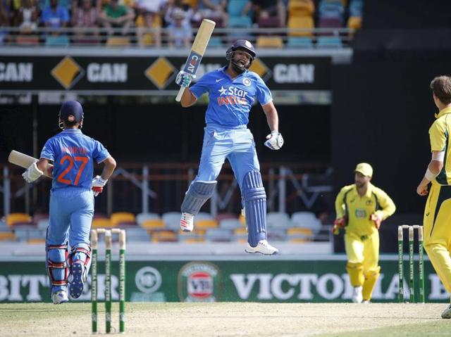 India's Rohit Sharma (C) jumps in celebration on reaching his century. (Reuters Photo) India's Rohit Sharma (C) jumps in celebration on reaching his century. (Reuters Photo)