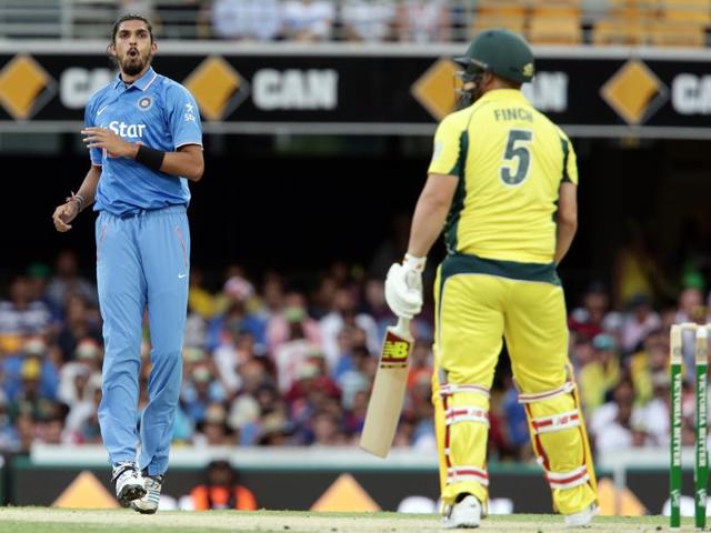 India's Ishant Sharma, left, reacts after Aaron Finch, right, missed a shot. (AP Photo) India's Ishant Sharma, left, reacts after Aaron Finch, right, missed a shot. (AP Photo)