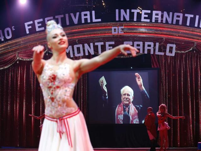 A picture of Prince Rainier III of Monaco is displayed as a tribute is paid during the opening of the 40th Monte-Carlo International Circus Festival in Monaco on January 14, 2016. The Circus festival takes place from Jan 14 to Jan 24. (AFP)