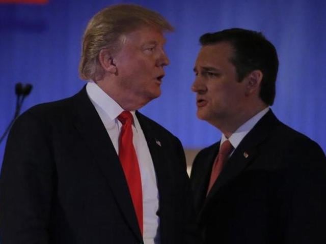 Republican US presidential candidate businessman Donald Trump and rival candidate Senator Ted Cruz (R) cross paths during a break at the Republican presidential candidates debate. (Reuters Photo) Republican US presidential candidate businessman Donald Trump and rival candidate Senator Ted Cruz (R) cross paths during a break at the Republican presidential candidates debate. (Reuters Photo)