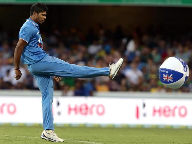 India's Umesh Yadav kicks a beach ball off the field of play. (AP Photo) India's Umesh Yadav kicks a beach ball off the field of play. (AP Photo)