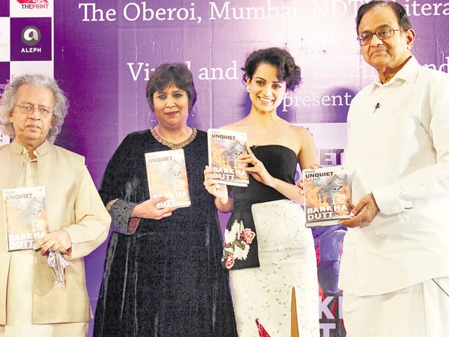 (From left) Writer Anil Dharker, journalist Barkha Dutt, actor Kangana Ranaut and former FM P Chidambaram at the launch of Dutt’s book, This Unquiet Land, on Thursday.(Bhushan Koyande)