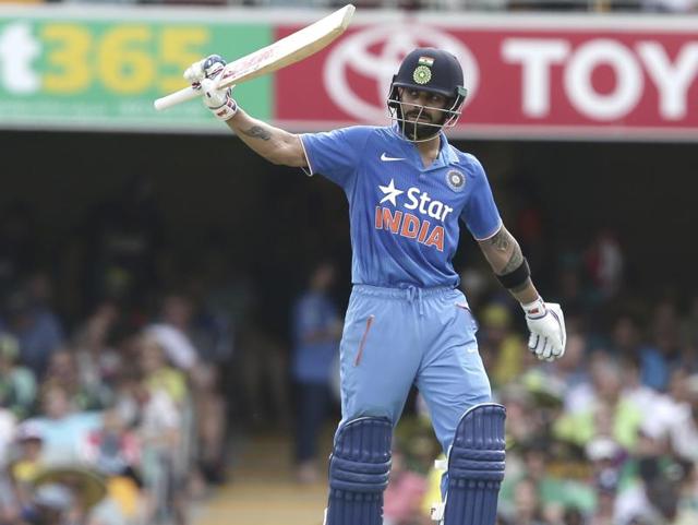 Virat Kohli raises his bat after reaching 50 runs. (AP Photo) Virat Kohli raises his bat after reaching 50 runs. (AP Photo)