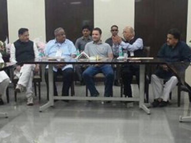 Gandhi meets members of the students’ council of NMIMS ahead of an interaction with students. (Twitter)