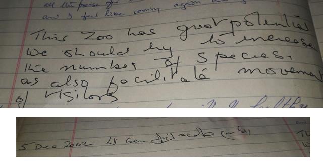 The December 5, 2002, note of late Lt. Gen. JFR Jacob (top) and his signature (bottom) in the visitors’ book. (PHOTO: MC ZOOLOGICAL PARK, CHHATBIR) The December 5, 2002, note of late Lt. Gen. JFR Jacob (top) and his signature (bottom) in the visitors’ book. (PHOTO: MC ZOOLOGICAL PARK, CHHATBIR)