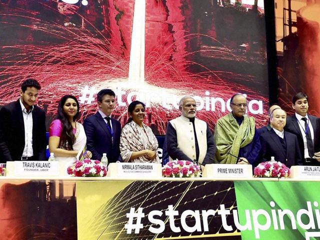 Prime Minister Narendra Modi, finance minister Arun Jaitley, commerce and industry minister Nirmala Sitharaman and delegates pose at the launching of the Start-Up India action plan at Vigyan Bhawan.(PTI) Prime Minister Narendra Modi, finance minister Arun Jaitley, commerce and industry minister Nirmala Sitharaman and delegates pose at the launching of the Start-Up India action plan at Vigyan Bhawan.(PTI)