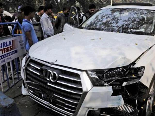 The Audi car that broke three barricades before entering into Red Road and killing an Air Force airman who was participating in a rehearsal for the upcoming Republic Day. (PTI Photo) The Audi car that broke three barricades before entering into Red Road and killing an Air Force airman who was participating in a rehearsal for the upcoming Republic Day. (PTI Photo)