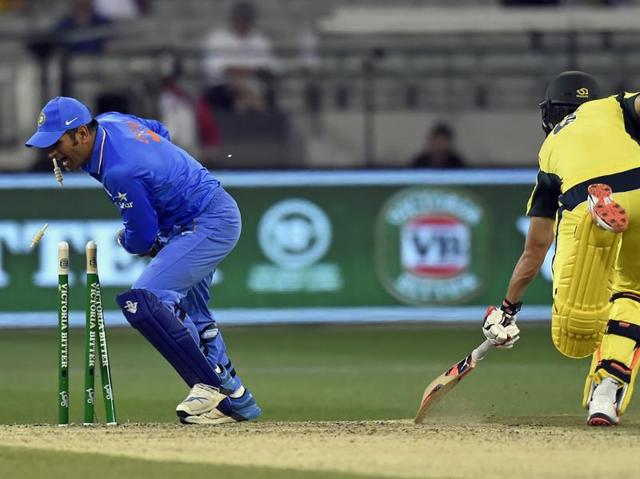 Australia's Mitchell Marsh is run out by India's MS Dhoni. (AP)
