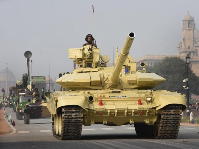 Army tanks at Rajpath during rehearsal for the Republic Day parade. (Arvind yadav/HT)