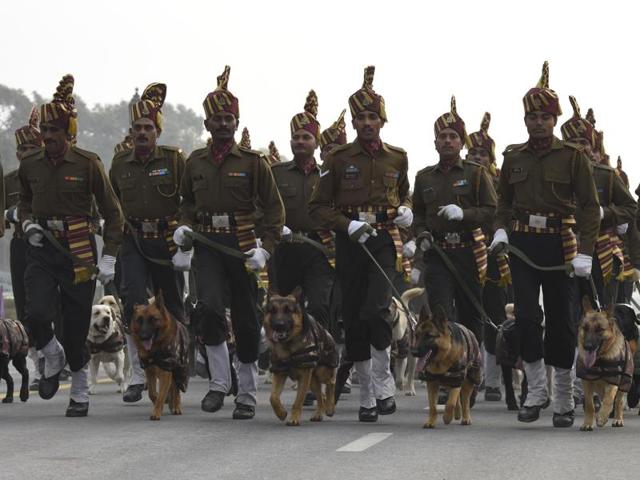 Indian Army's Remount and Veterinary Corps (RVC) dogs trained for bomb disposal and counter-insurgency take part in the rehearsal for the Republic Day parade at Rajpath in New Delhi. (Arvind Yadav/HT)