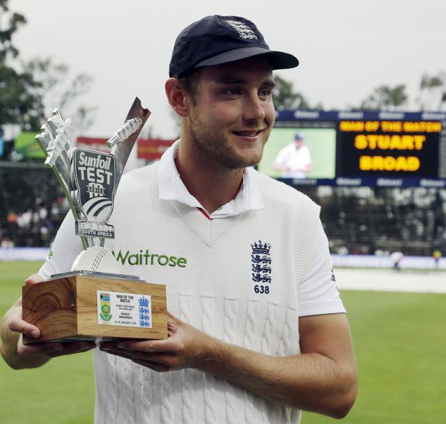 England’s Stuart Broad, holds his man of the match trophy after the match presentation on the third day of the third test cricket match between South Africa and England. (AP Photo) England’s Stuart Broad, holds his man of the match trophy after the match presentation on the third day of the third test cricket match between South Africa and England. (AP Photo)
