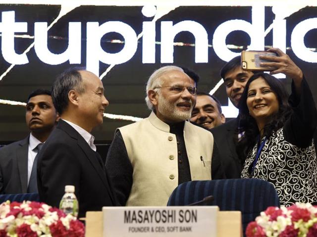 Prime Minister Narendra Modi pose for a selfie with young founders of companies at the launch of Startups India at Vigyan Bhavan in New Delhi on Saturday. (Mohd Zakir/HT) Prime Minister Narendra Modi pose for a selfie with young founders of companies at the launch of Startups India at Vigyan Bhavan in New Delhi on Saturday. (Mohd Zakir/HT)