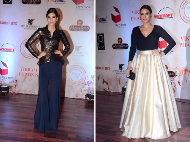 Kriti Sanon and Neha Dhupia at Vikram Phadnis’ anniversary show. (IANS) Kriti Sanon and Neha Dhupia at Vikram Phadnis’ anniversary show. (IANS)