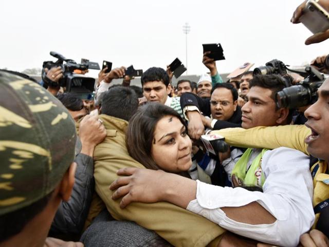 The woman who threw ink at Chief Minister Arvind Kejriwal (not in picture) in Delhi. (Sanjeev Verma/ HT photo) The woman who threw ink at Chief Minister Arvind Kejriwal (not in picture) in Delhi. (Sanjeev Verma/ HT photo)