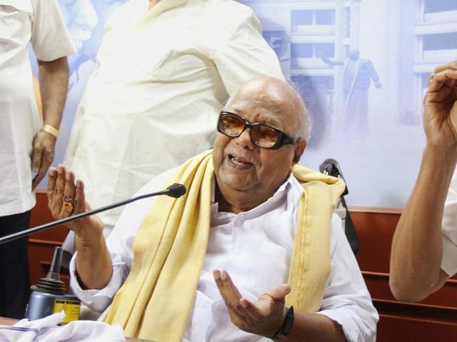 DMK chief M Karunanidhi addresses at a press conference in Chennai in this file photo. PTI(PTI)