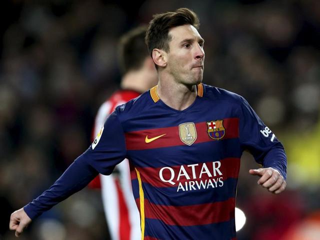 Barcelona's Lionel Messi celebrates the opening goal against Athletic Bilbao during the La Liga game at the Camp Nou Stadium in Barcelona on January 17, 2016. (Reuters Photo) Barcelona's Lionel Messi celebrates the opening goal against Athletic Bilbao during the La Liga game at the Camp Nou Stadium in Barcelona on January 17, 2016. (Reuters Photo)