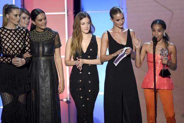Abbey Lee Kershaw, from left, Courtney Eaton, Riley Keough, Rosie Huntington-Whiteley, and Zoe Kravitz accept the award for best director on behalf of George Miller for Mad Max: Fury Road. (Chris Pizzello/Invision/AP) Abbey Lee Kershaw, from left, Courtney Eaton, Riley Keough, Rosie Huntington-Whiteley, and Zoe Kravitz accept the award for best director on behalf of George Miller for Mad Max: Fury Road. (Chris Pizzello/Invision/AP)