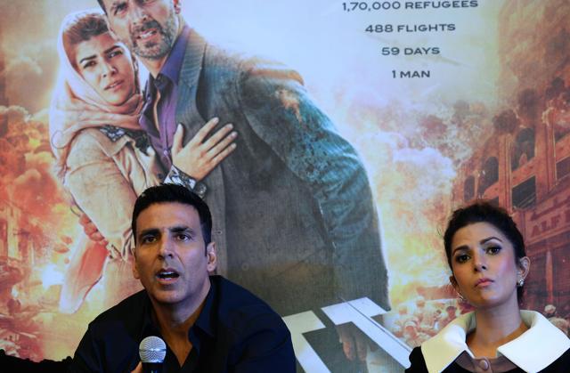 Akshay Kumar and Nimrat Kaur address a press conference to promote Airlift in New Delhi on January 18. (AFP)