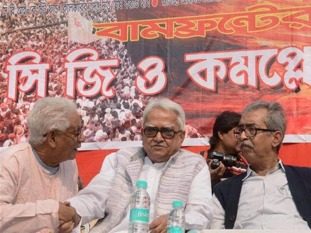 West Bengal Left Front chairman Biman Basu (C) chats with former CPI secretary Manju Kumar Majumdar during a meeting in Kolkata on Tuesday. (PTI File Photo) West Bengal Left Front chairman Biman Basu (C) chats with former CPI secretary Manju Kumar Majumdar during a meeting in Kolkata on Tuesday. (PTI File Photo)