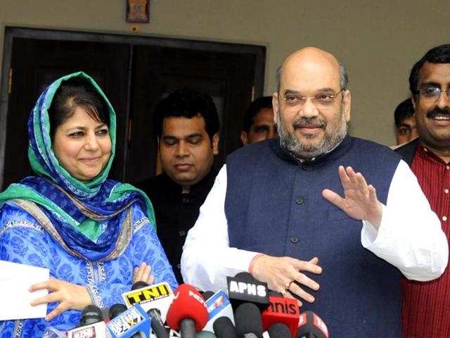 BJP president Amit Shah during a meeting with PDP leader Mehbooba Mufti in New Delhi. (HT File Photo) BJP president Amit Shah during a meeting with PDP leader Mehbooba Mufti in New Delhi. (HT File Photo)