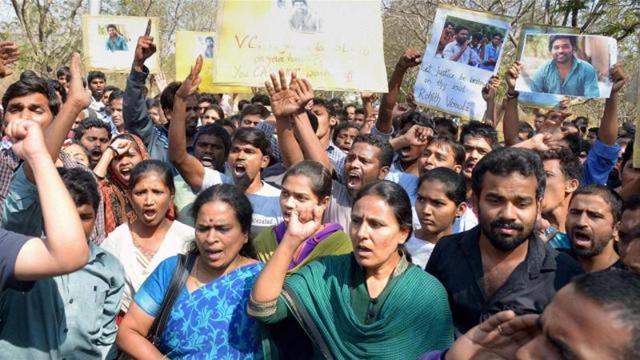 Students protesting over the death of Rohith Vemula, a PhD scholar at the Hyderabad Central University who was found hanging in a hostel room on Sunday. (PTI Photo)