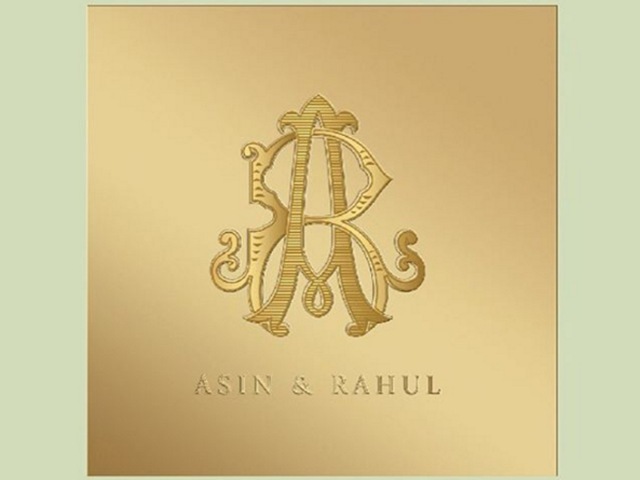 Asin put the wedding invite on Instagram a day before the wedding. The classy card has Asin and Rahul’s initials embossed in gold. (Instagram) 