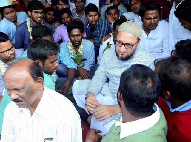 AIMIM chief Asaduddain Owaisi visited the university campus and expressed solidarity with the students, who are on hunger strike. (PTI) AIMIM chief Asaduddain Owaisi visited the university campus and expressed solidarity with the students, who are on hunger strike. (PTI)
