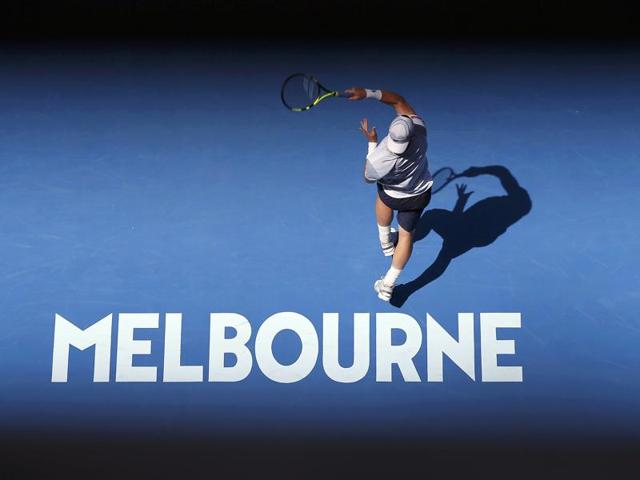 Australia's Sam Groth hits a shot during his first round match against France's Adrian Mannarino. (Issei Kato/ REUTERS) 