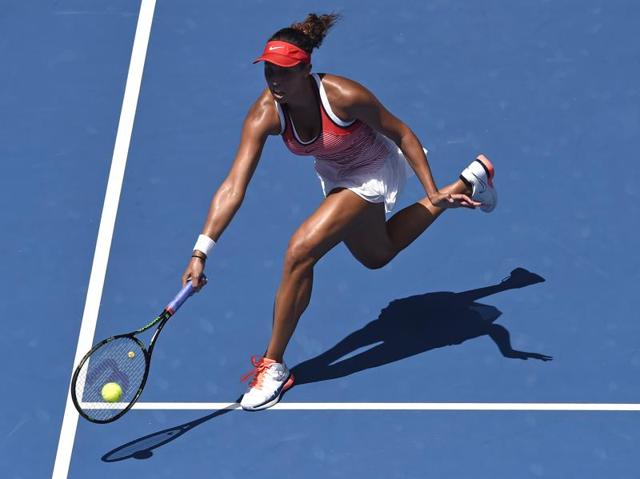 Madison Keys of the United States makes a forehand return to Zarina Diyas of Kazakhstan during their first round match. (Andrew Brownbill/ AP Photo) 