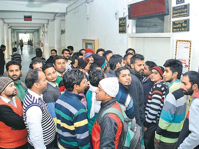 As the selection process began on Tuesday, the courts complex was bustling with activity as 2,800 candidates turned up to take the personality test and for interviews being conducted by judges in all 18 courts.(Sanjeev Kumar/HT Photo)