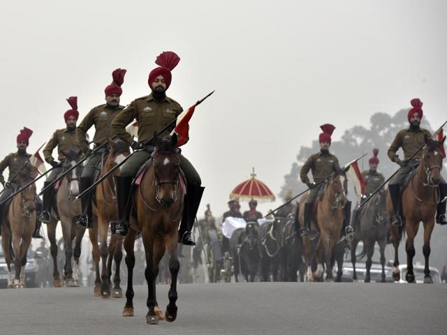 President’s bodyguard march past during beating the retreat parade rehearsal at Rajpath, ahead of the Republic Day. (Ravi Choudhary/ HT Photo) President’s bodyguard march past during beating the retreat parade rehearsal at Rajpath, ahead of the Republic Day. (Ravi Choudhary/ HT Photo)