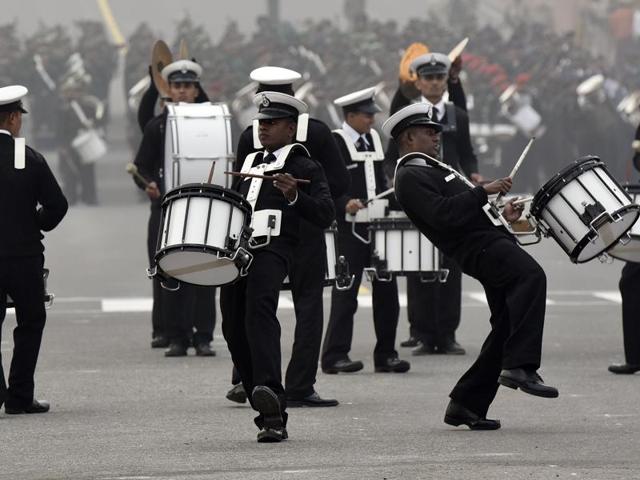 An Indian Navy band participates in Beating Retreat Parade Rehearsal at Rajpath, New Delhi. (Ravi Choudhary/ HT Photo) An Indian Navy band participates in Beating Retreat Parade Rehearsal at Rajpath, New Delhi. (Ravi Choudhary/ HT Photo)
