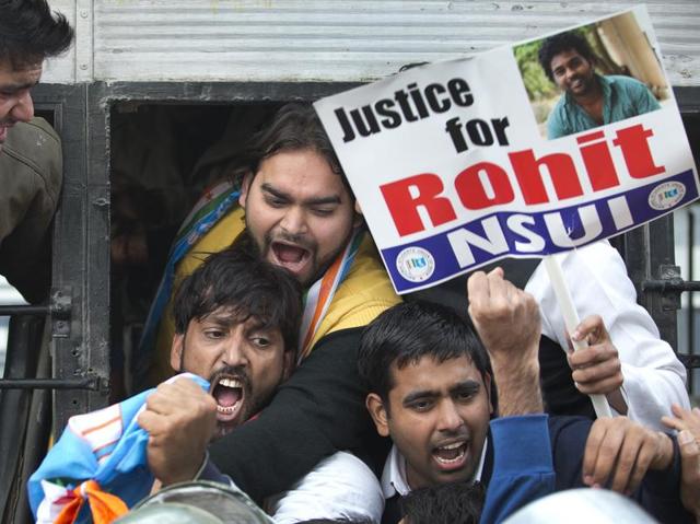 Students shout slogans as they are detained while protesting the death of Rohith Vemula in the southern tech-hub of Hyderabad.  (AP Photo) 
