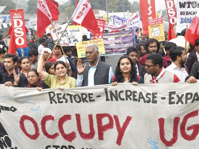 All India Students' Association (AISA) members during their 'Occupy UGC' march against the government policies on higher education in New Delhi.(PTI file photo)