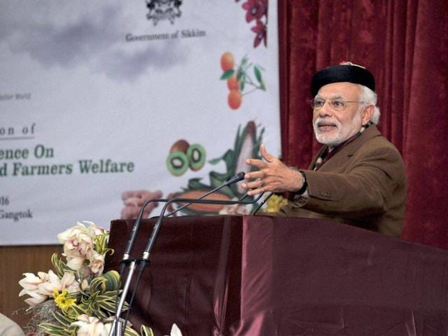 Prime Minister Narendra Modi addresses the plenary session of National Conference on Sustainable Agriculture & Farmers Welfare, in Gangtok on Monday. (PTI) Prime Minister Narendra Modi addresses the plenary session of National Conference on Sustainable Agriculture & Farmers Welfare, in Gangtok on Monday. (PTI)