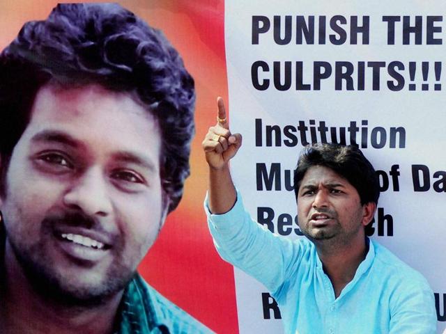 A member of Social Fronts and Students Organisation stages a protest over the death of RohithVemula, a doctorate student at the Hyderabad Central University who was found hanging in the campus hostel room.(PTI Photo)