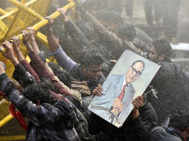 Police use water canon to disperse members of various student organisations during a protest in front of HRD Ministry office at Shashtri Bhawan, demanding to sack the Vice Chancellor of Hyderabad Central University against the death of Rohith Vemula, a Dalit research fellow who committed suicide.(Vipin Kumar / Hindustan Times) Police use water canon to disperse members of various student organisations during a protest in front of HRD Ministry office at Shashtri Bhawan, demanding to sack the Vice Chancellor of Hyderabad Central University against the death of Rohith Vemula, a Dalit research fellow who committed suicide.(Vipin Kumar / Hindustan Times)