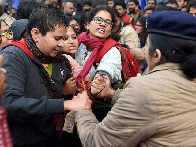 Police use water cannons to disperse students during a protest against the Ministry of Human Resource Development in New Delhi on Monday over the suicide of a PhD scholar Rohith Vemula at University of Hyderabad. (PTI) Police use water cannons to disperse students during a protest against the Ministry of Human Resource Development in New Delhi on Monday over the suicide of a PhD scholar Rohith Vemula at University of Hyderabad. (PTI)