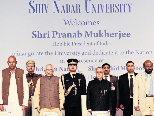 Mukherjee was speaking at a function organised at Shiv Nadar University in Greater Noida to announce the name of the NGO to be awarded a grant of Rs. 5 crore from a fund of Rs. 100 crore.(Burhaan Kinu/HT Photo)