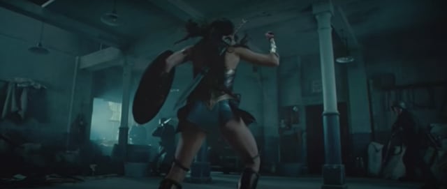 Wonder Woman does a Jean Claude Van Damme style roundhouse kick. (Warner Bros.)