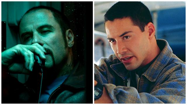 John Travolta plays the villain in The Taking of Pelham 123 and Keanu Reeves plays a cop in Speed. John Travolta plays the villain in The Taking of Pelham 123 and Keanu Reeves plays a cop in Speed.