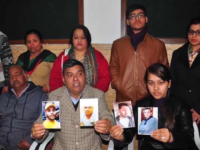 Family members of the missing victims during a press conference at the Press Club in Chandigarh on Wednesday. (Karun Sharma/HT Photo) Family members of the missing victims during a press conference at the Press Club in Chandigarh on Wednesday. (Karun Sharma/HT Photo)