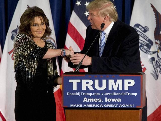 Former Alaska governor Sarah Palin (L) endorses Republican presidential candidate Donald Trump during a rally at the Iowa State University. (AP Photo) Former Alaska governor Sarah Palin (L) endorses Republican presidential candidate Donald Trump during a rally at the Iowa State University. (AP Photo)