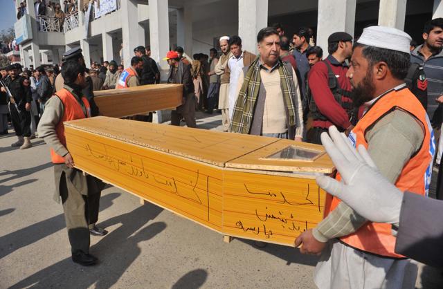 Pakistani rescuers carry coffins at a hospital following an attack by gunment at Bacha Khan university. (AFP) Pakistani rescuers carry coffins at a hospital following an attack by gunment at Bacha Khan university. (AFP)