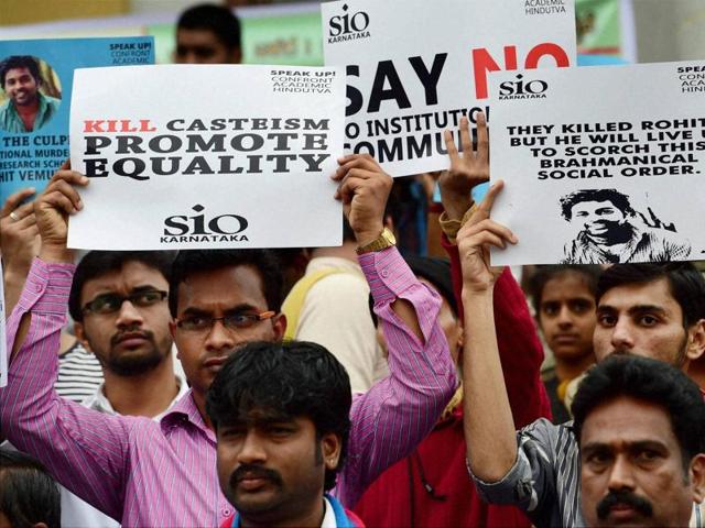 Members of the Students Christian Movement of India and other activists stage a protest in Bangalore following the suicide of Rohit Vemula, a doctarate student at the Hyderabad Central University, on January 19, 2016 (AFP) Members of the Students Christian Movement of India and other activists stage a protest in Bangalore following the suicide of Rohit Vemula, a doctarate student at the Hyderabad Central University, on January 19, 2016 (AFP)